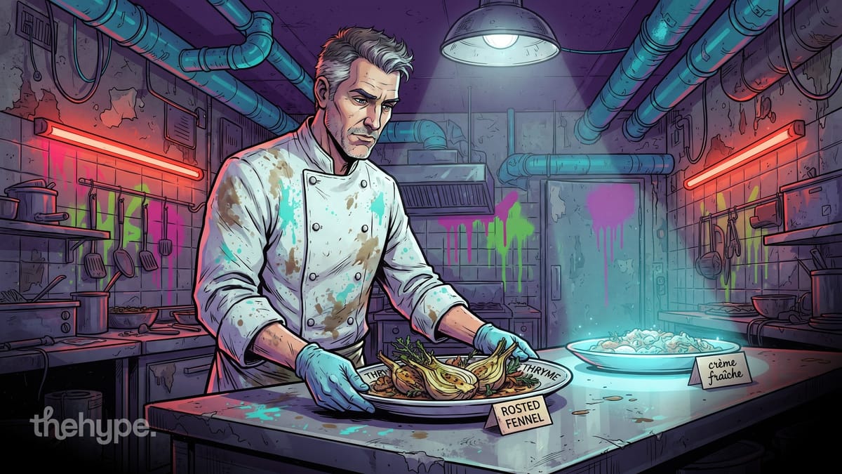 	Comic-style chef in a neon kitchen holding a plate labeled "rosted fennel" and "thryme" — Qwen's misspelled menu