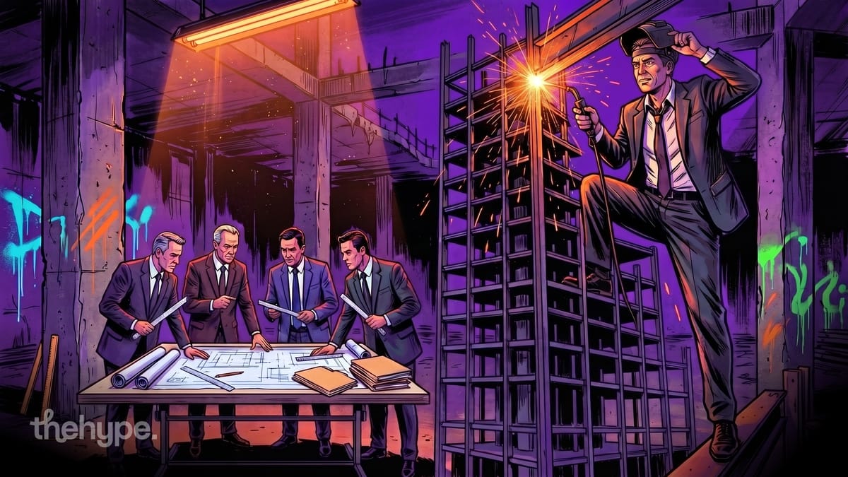 Comic-style men in suits studying blueprints at a table while a figure welds on scaffolding in a neon-lit construction site
