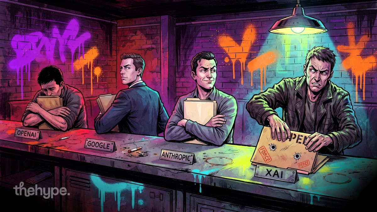 Noir bar illustration with figures labeled OpenAI, Google, Anthropic and xAI clutching files, xAI shoving one forward