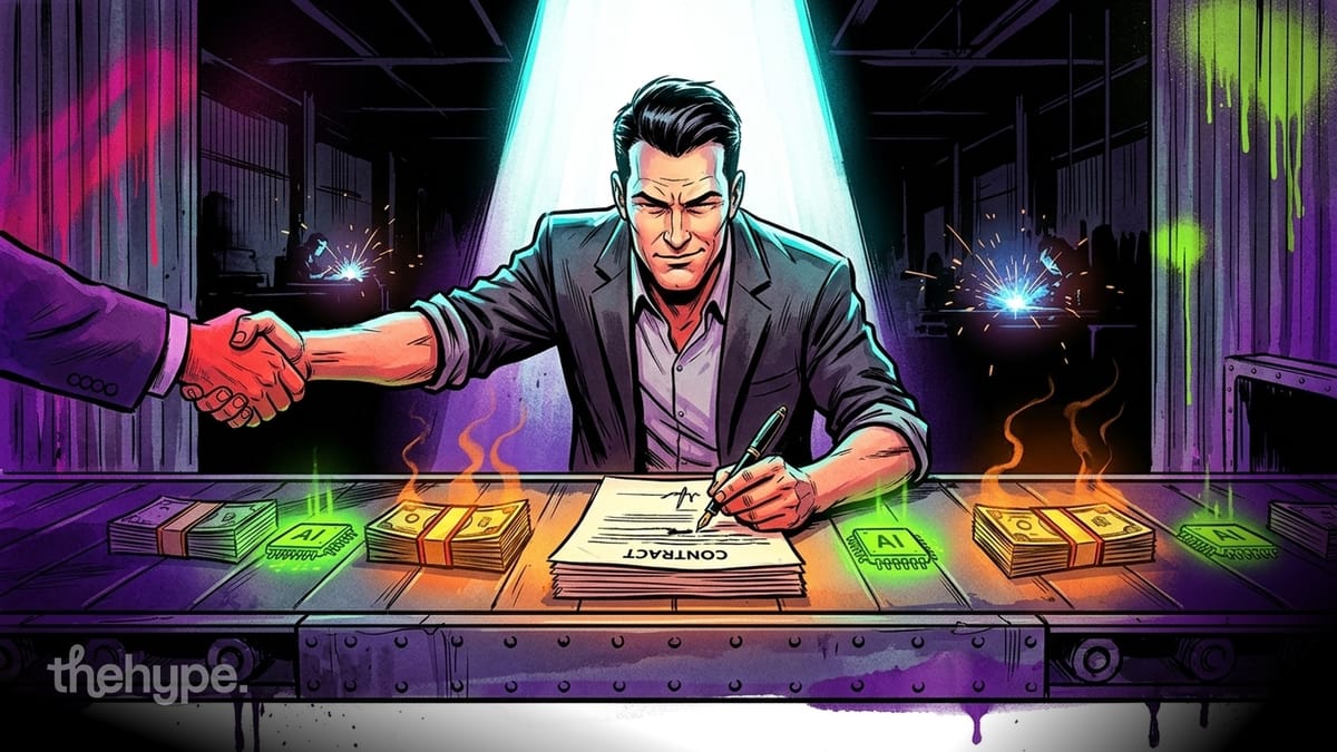 Comic-style man in a suit signs a contract on a conveyor belt of cash and glowing AI chips while shaking hands on a deal
