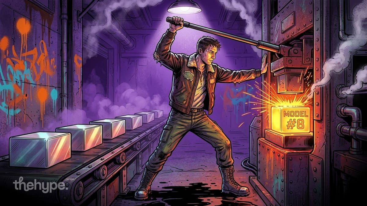 Comic-style figure hammering a glowing "Model #8" block on a conveyor belt in a neon-lit factory