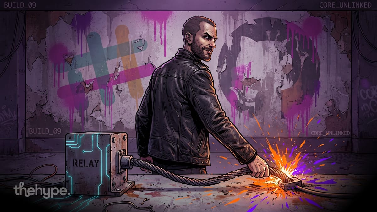 	Man in leather jacket sparks a cable into a relay box before graffiti slack and github logos, illustrating buzz workspace.