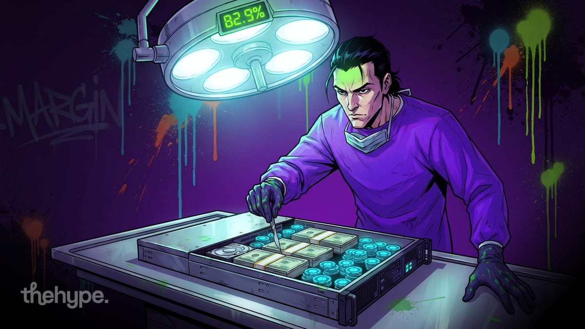 Surgeon in purple scrubs cuts open a server stacked with cash under a lamp reading 82.9%, DeepSeek's API margin.