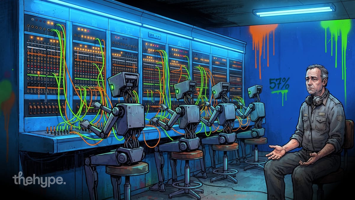 Robots on stools work a glowing control panel while a lone human sits idle, 57% sprayed on the wall — agents running ops