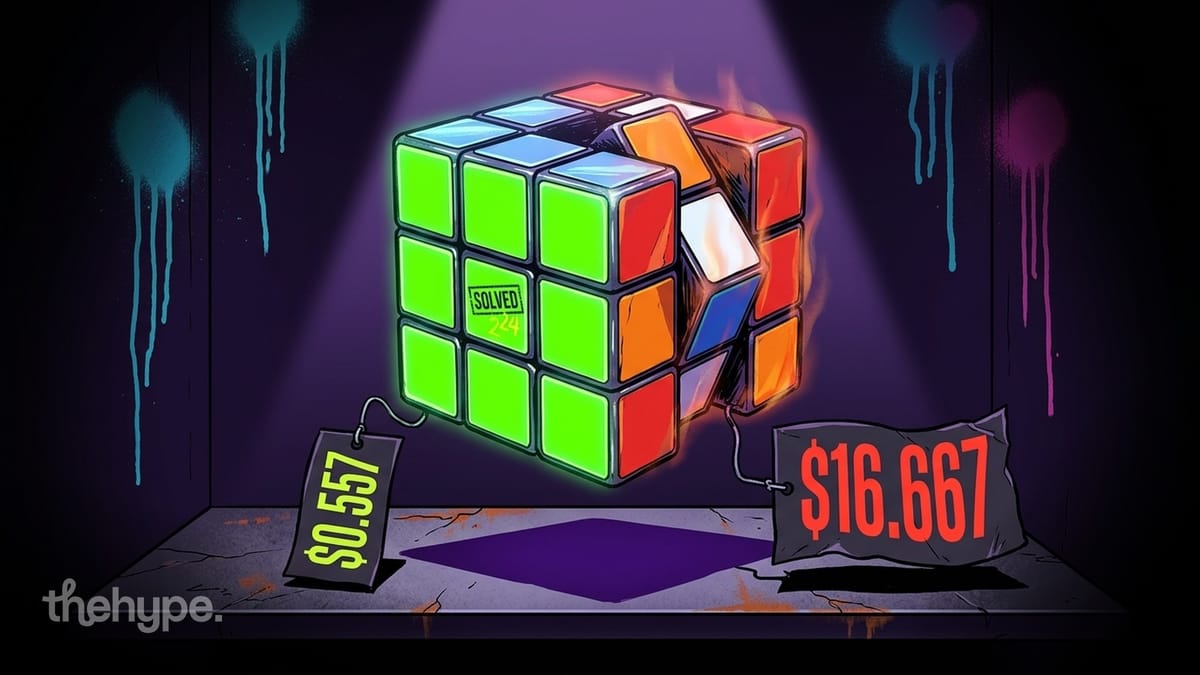 	Illustration of a partially solved Rubik's cube under a spotlight with two price tags: $0.557 and $16.667.