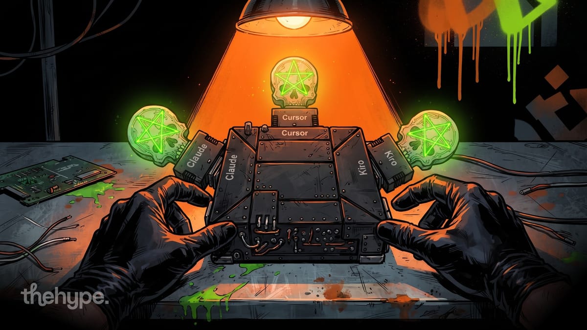 	Dark illustration of gloved hands assembling a device labeled Claude, Cursor, and Kiro with glowing green skulls