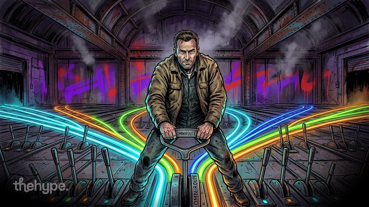 	Illustrated man gripping an Omniroute switch lever with neon rainbow tracks branching through a graffiti subway tunnel.