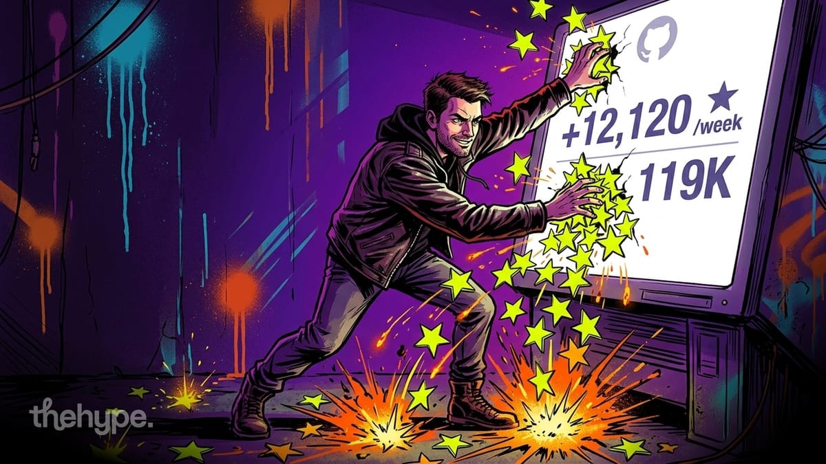 Illustrated man punching glowing stars into a cracked screen showing the GitHub logo, +12,120/week and 119K stars.