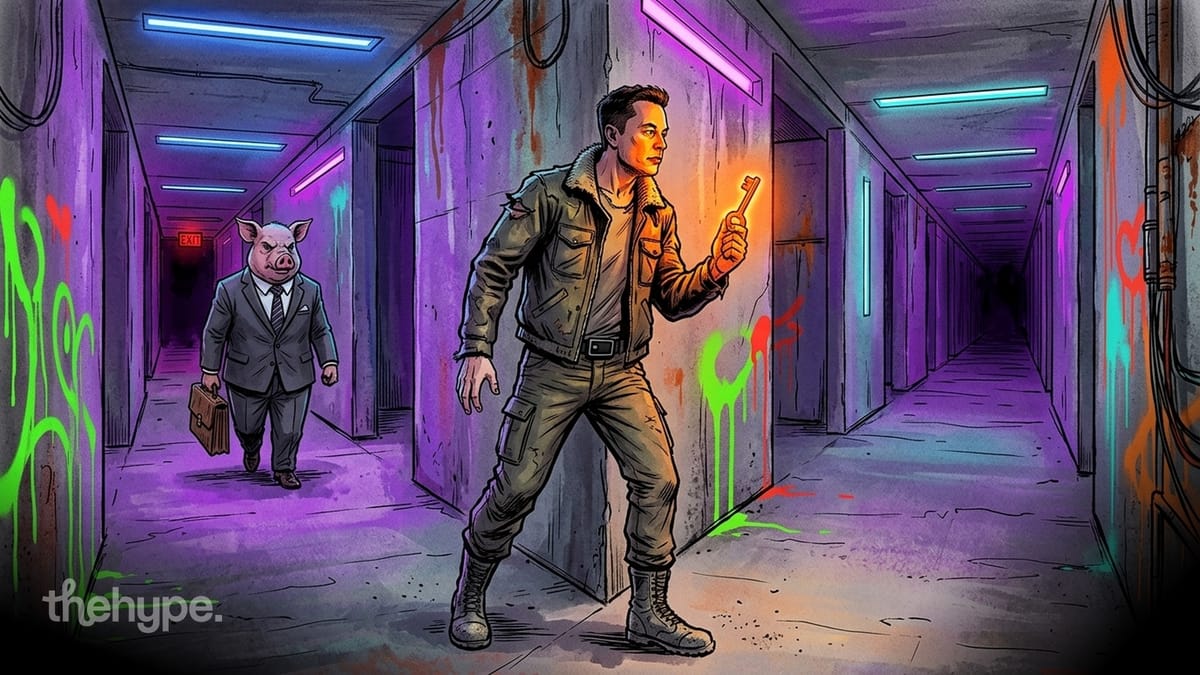Man holding glowing key in neon-lit corridor as suit-wearing pig approaches in maze benchmark illustration