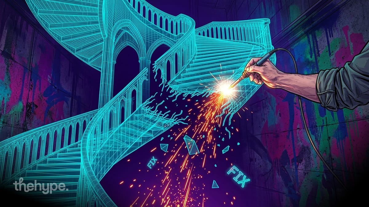 Hand welding a glowing cyan wireframe bridge with sparks flying, thehype logo in corner