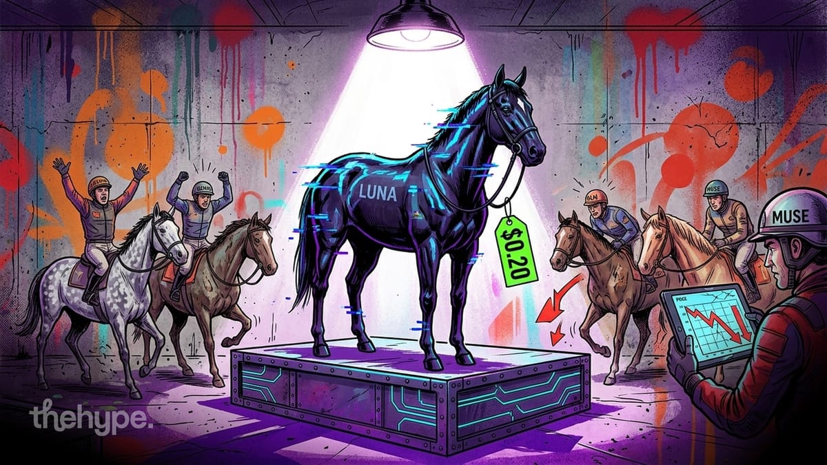 Black horse labeled Luna spotlit on a podium with a $0.20 price tag, rival jockeys behind, trader watching a falling chart.
