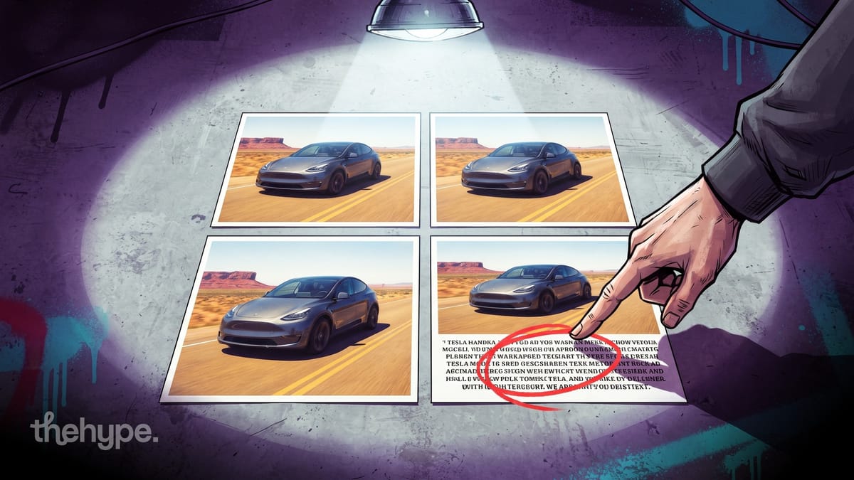 	Illustrated hand circling text errors on four car photos under a spotlight, theHype logo in corner