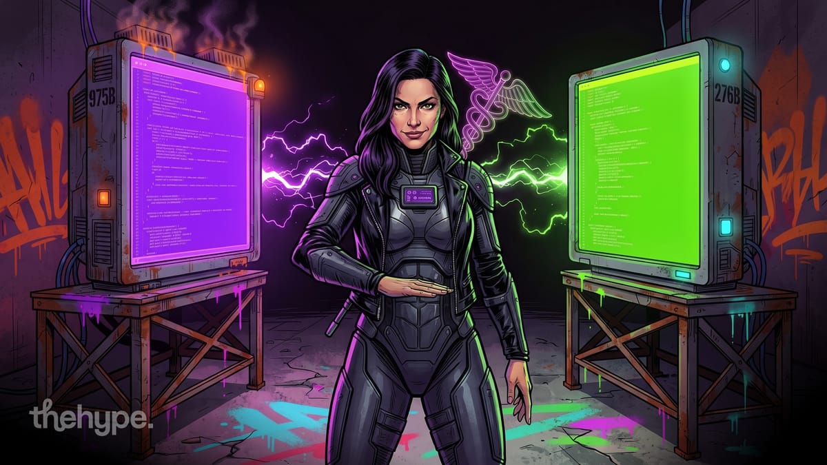 Cyberpunk illustration of woman between two code monitors labeled 975B and 276B, comparing inkling and inkling-small models