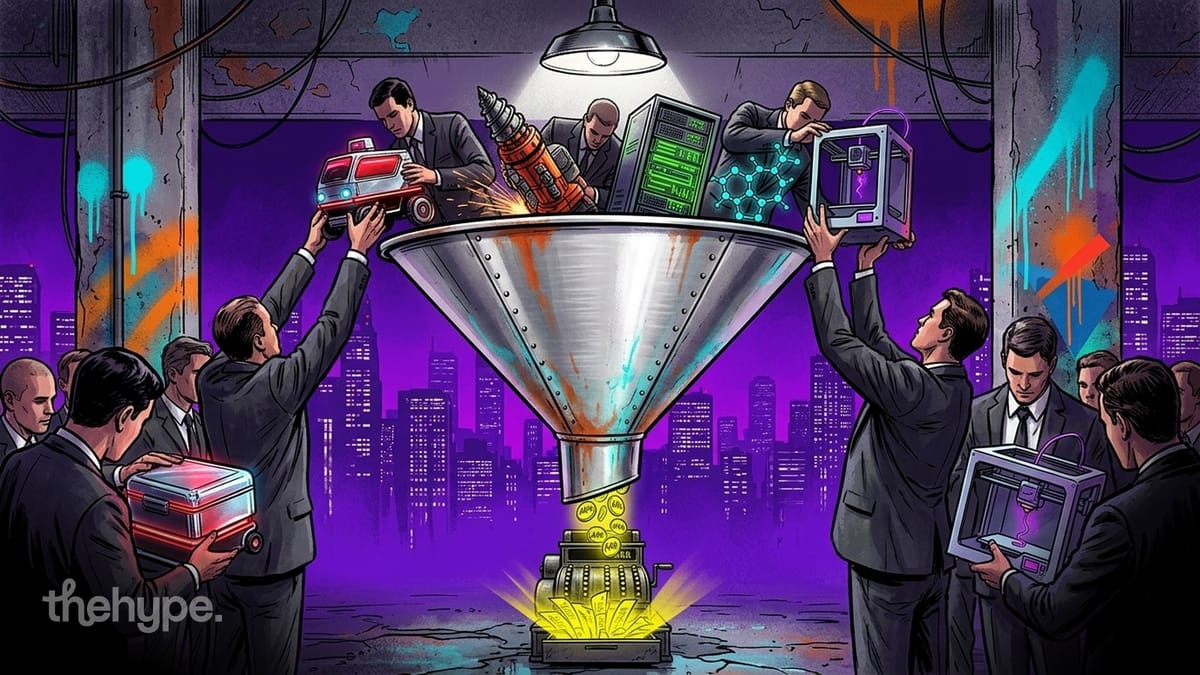 	Illustration of investors funneling robots, servers, molecules and 3D printers into a cash register spitting gold coins.