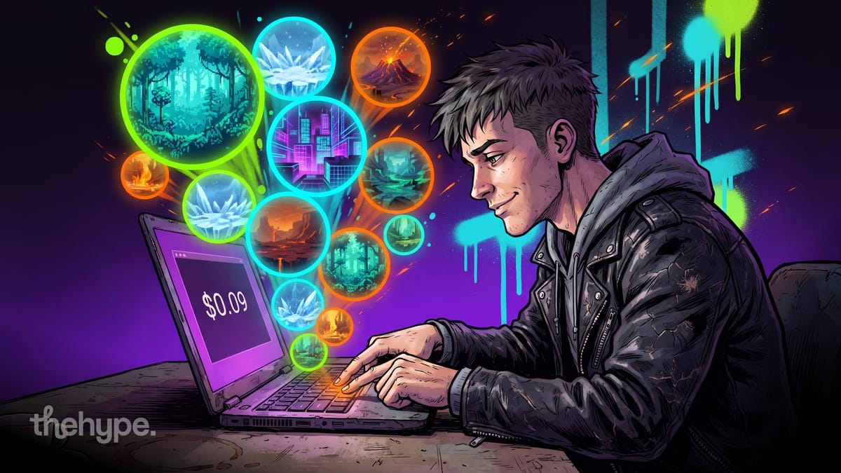 Illustrated coder at laptop with glowing pixel-art biome bubbles floating from the screen, $0.09 price tag visible