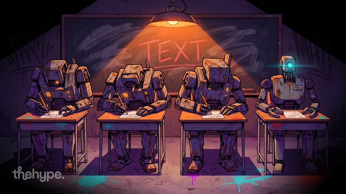 	Illustrated robots sitting at school desks writing on paper under a chalkboard that reads TEXT