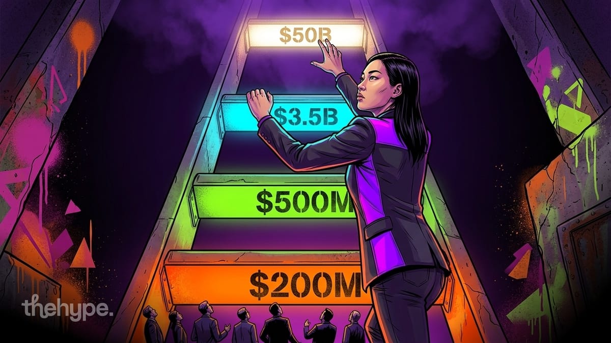 Woman climbs a glowing staircase of funding rungs — $200M, $500M, $3.5B, $50B — as onlookers watch Moonshot's ladder.