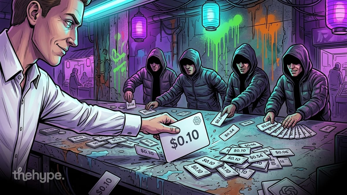 	Man in white shirt deals price-tag cards to hooded figures in a neon-lit underground room, AI price war theme