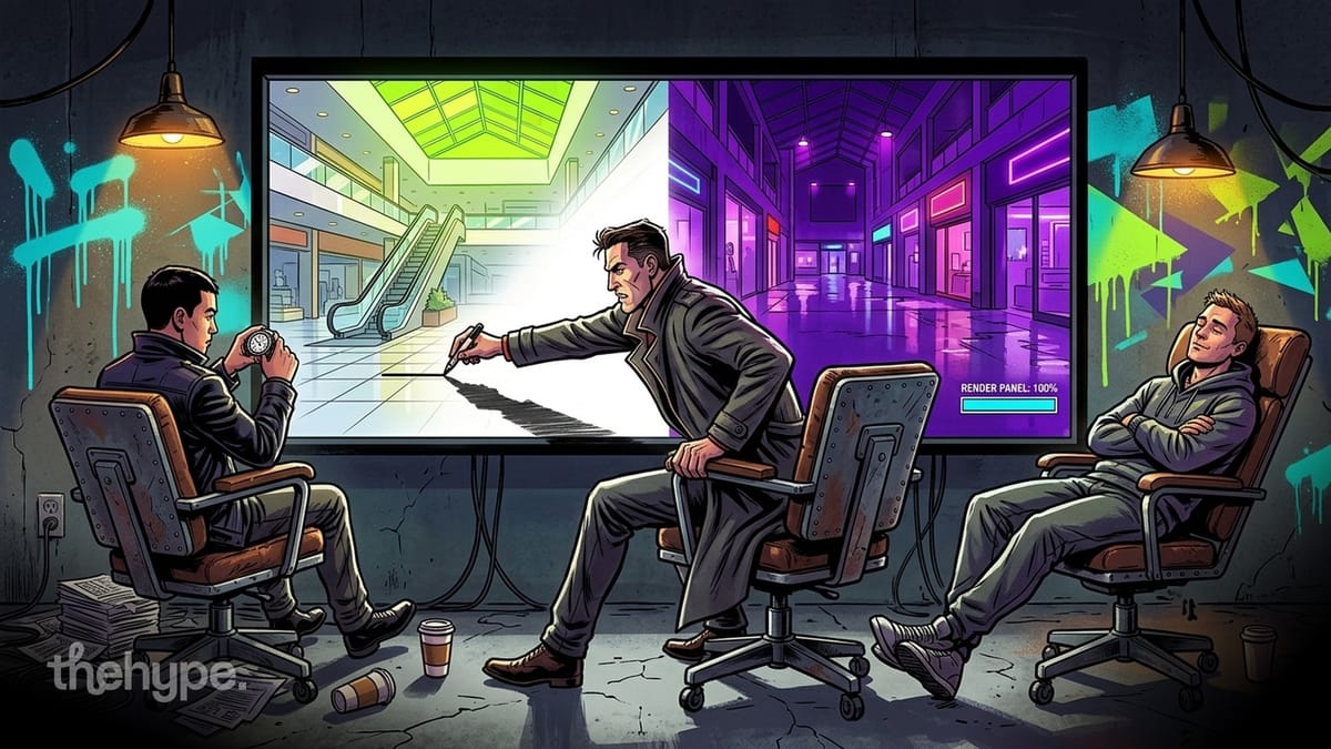 Three men in office chairs watch a split screen showing a bright day mall and a neon night mall — three.js render benchmark.