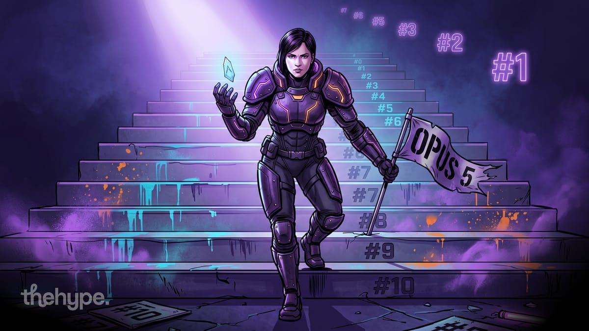 Armored warrior holding an Opus 5 flag descends neon-lit ranked staircase toward #1