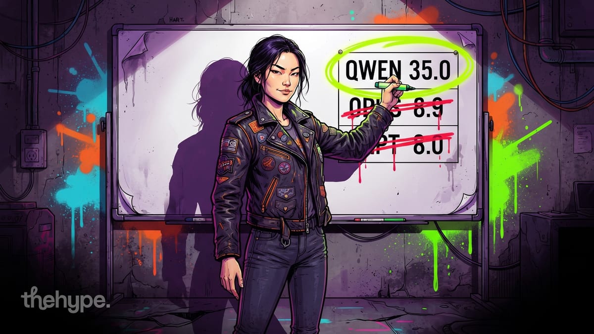 	Illustrated woman in patched leather jacket circles Qwen 35.0 in green, crosses out Opus and GPT scores on a whiteboard.