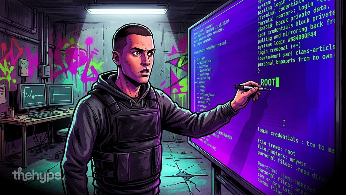 	Illustration of a man in tactical vest pointing at a blue screen filled with root access logs and login credentials