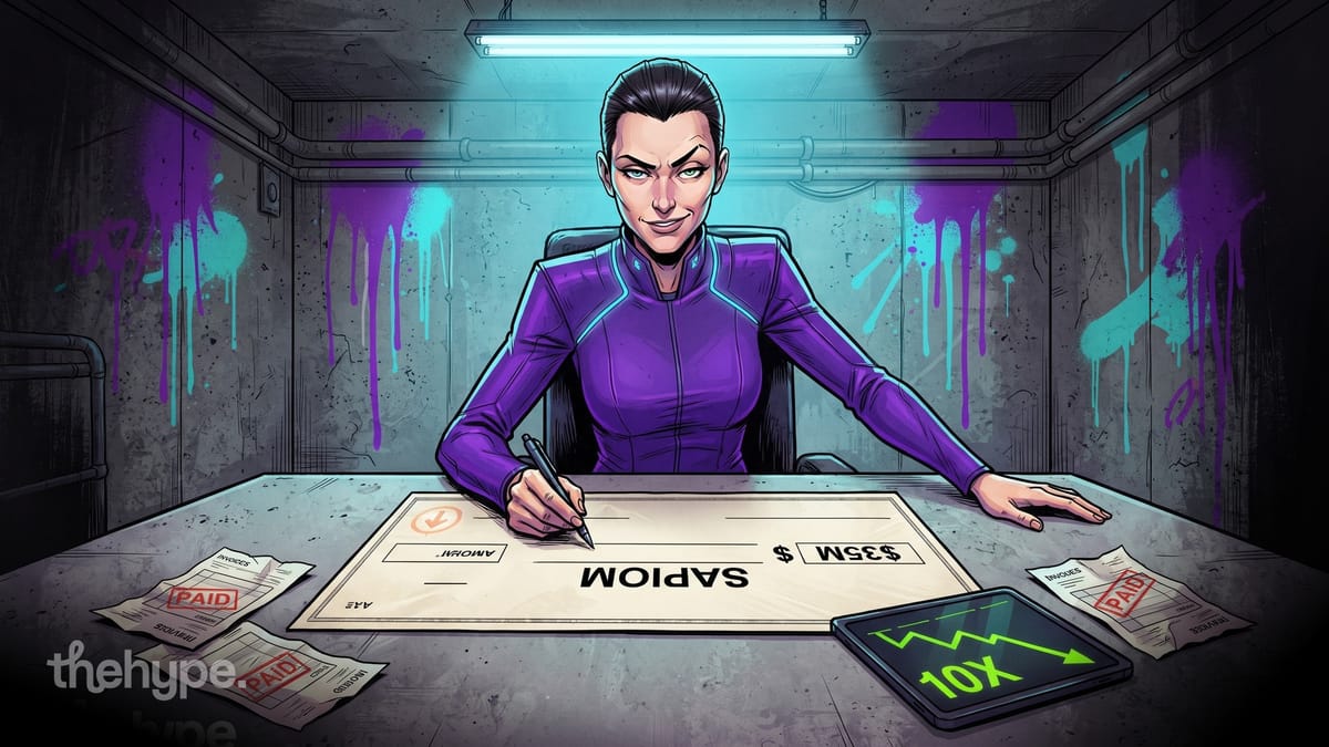 Comic-style figure in purple suit signing a large Sapiom $35M check with paid invoices and a 10X growth tablet