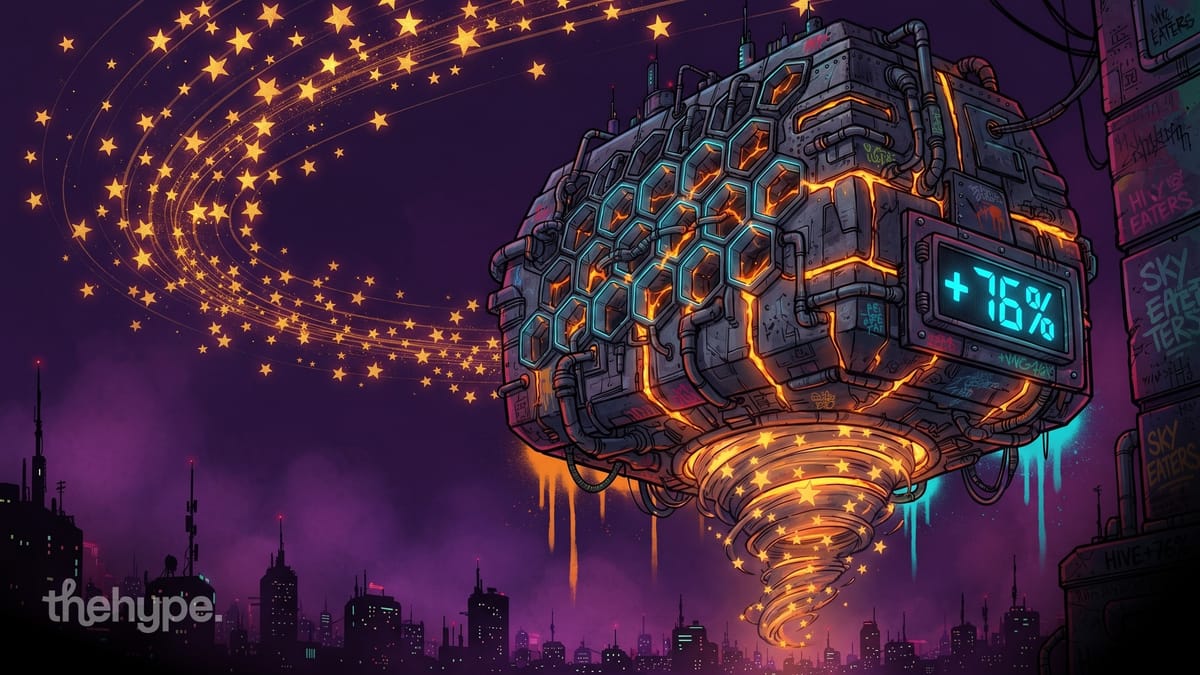 	Cyberpunk illustration of a hexagonal machine with +76% display trailing gold stars over a purple city skyline.