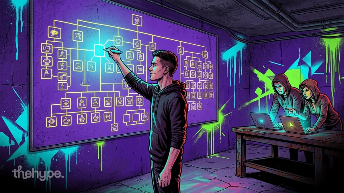 Man drawing on a glowing org chart of robot icons – managing AI agents – as two people work on laptops nearby.