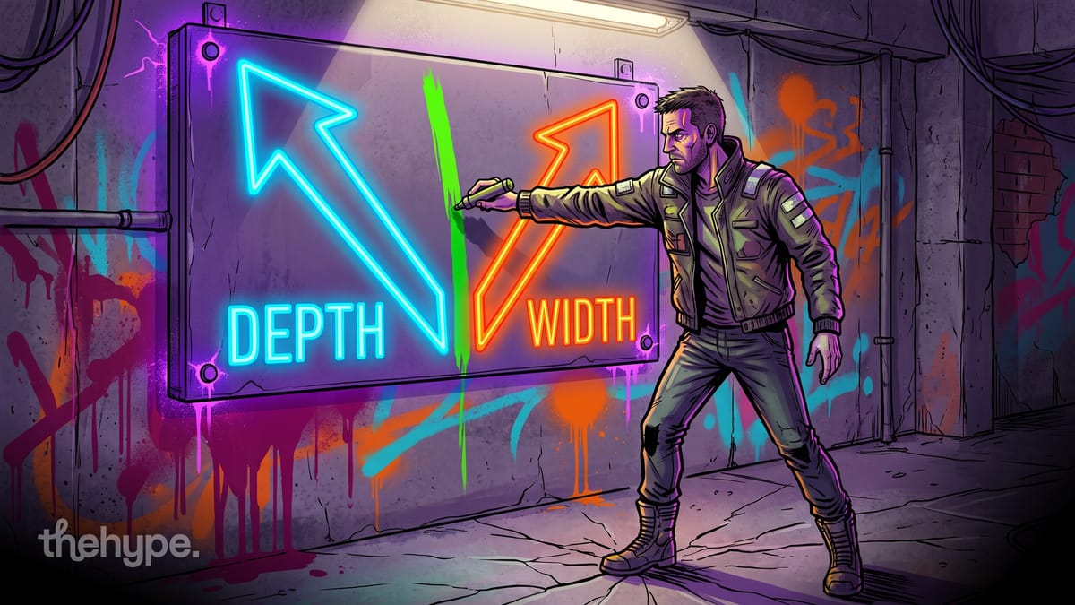 Illustrated man spray-paints neon depth and width arrows on a graffiti wall, symbolizing the ai agent scaling debate.