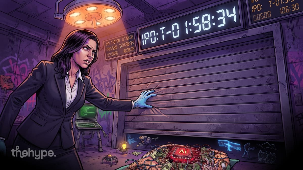 Woman in a suit pushes against a closed shutter under an IPO countdown clock, an AI chip glowing in a pile of cash below.