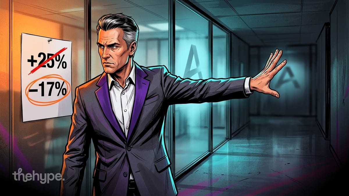Illustrated exec gestures beside a note: "+25%" crossed out, "-17%" circled — Anthropic pricing row in an office hallway