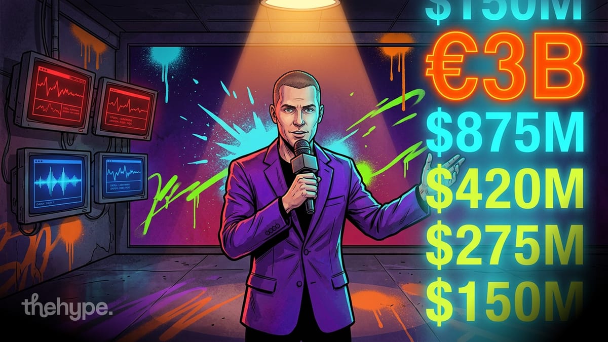 Illustrated radio host with a mic in a neon studio beside glowing €3B and $875M figures from this week's AI funding rounds.