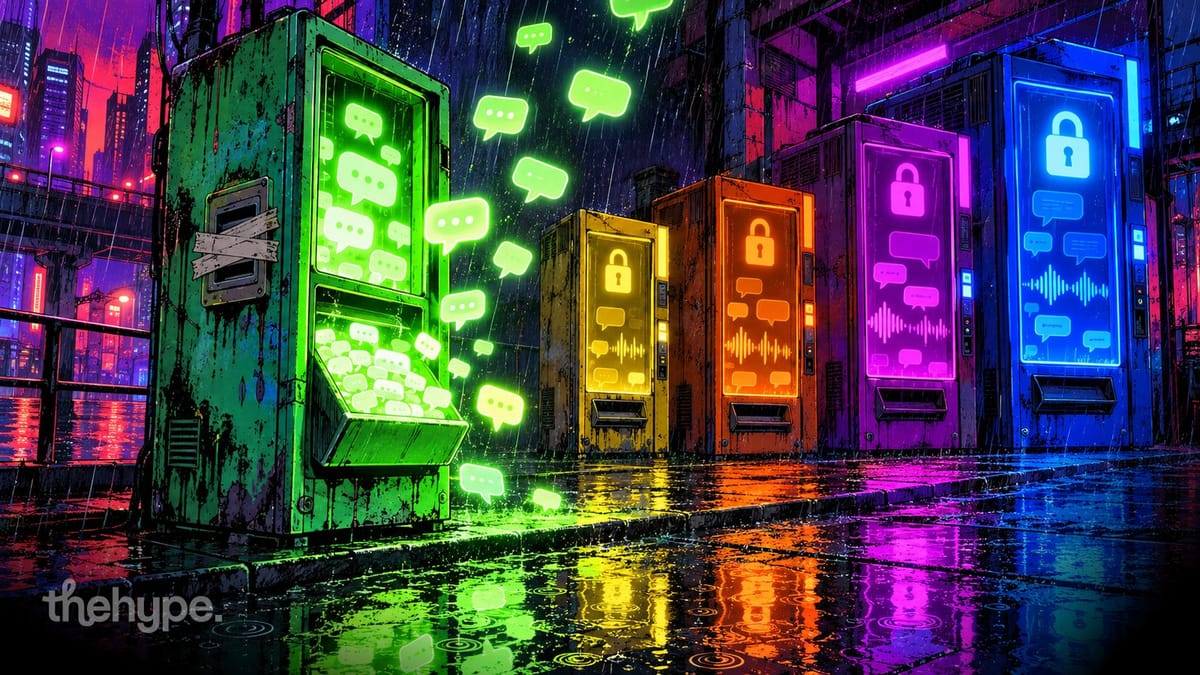 ChatGPT free: a free vending machine pours glowing chat bubbles into the rain beside locked paid machines