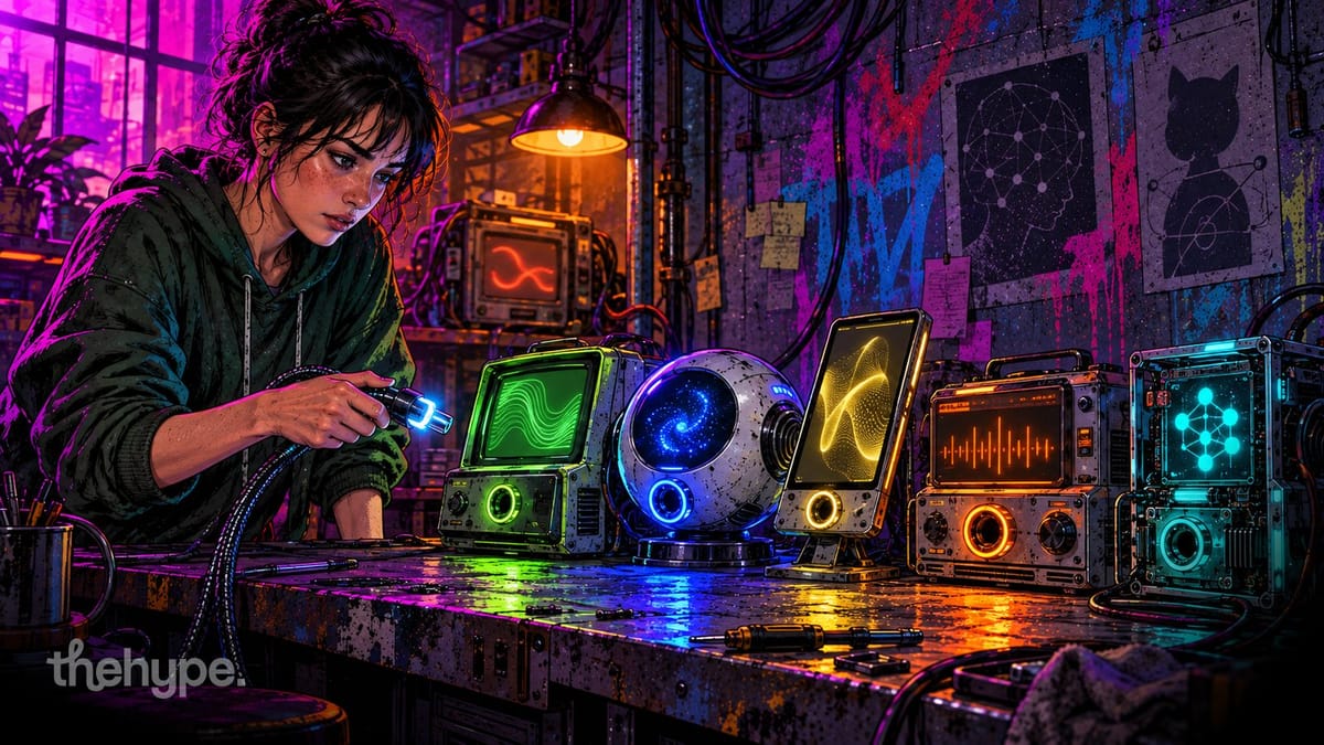 Claude alternatives: a woman chooses which of five glowing machines to plug her cable into