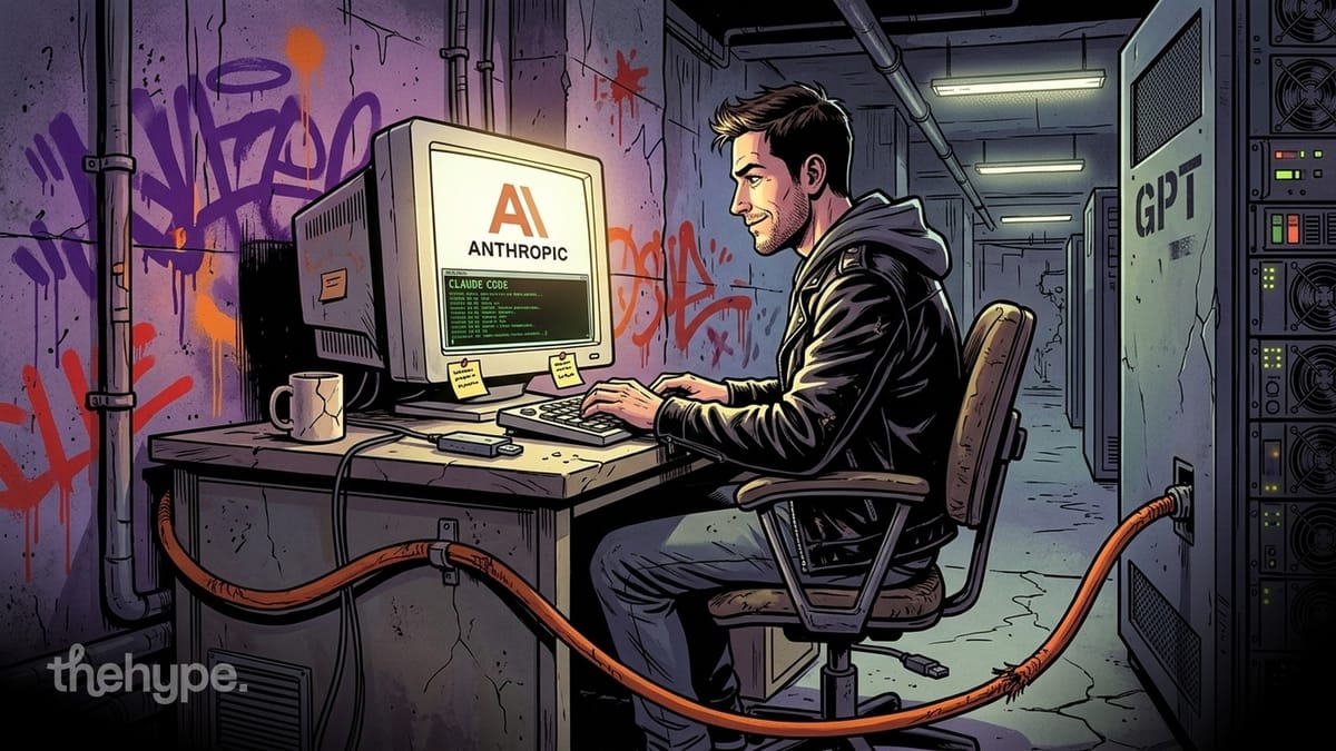 Man at a retro CRT running Claude Code, orange cable linking his desk to a GPT server rack in a graffiti basement.
