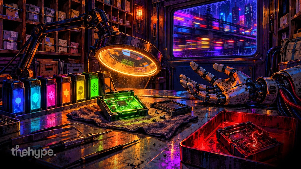 Claude skills: glowing tool cartridges checked under a magnifier, one rejected into a red tray, a robot hand waiting