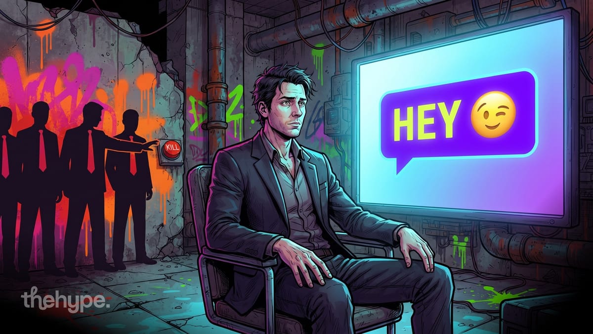 Man in a suit sits by a screen showing a winking 'HEY' chat bubble while suited silhouettes reach for a red kill button.
