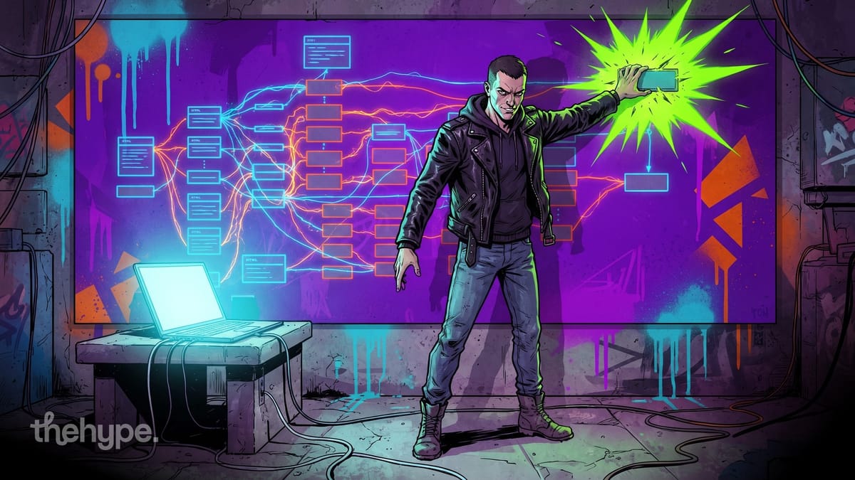 Cyberpunk-style coder blasts energy from a device beside a glowing flowchart and laptop in a neon-lit graffiti room