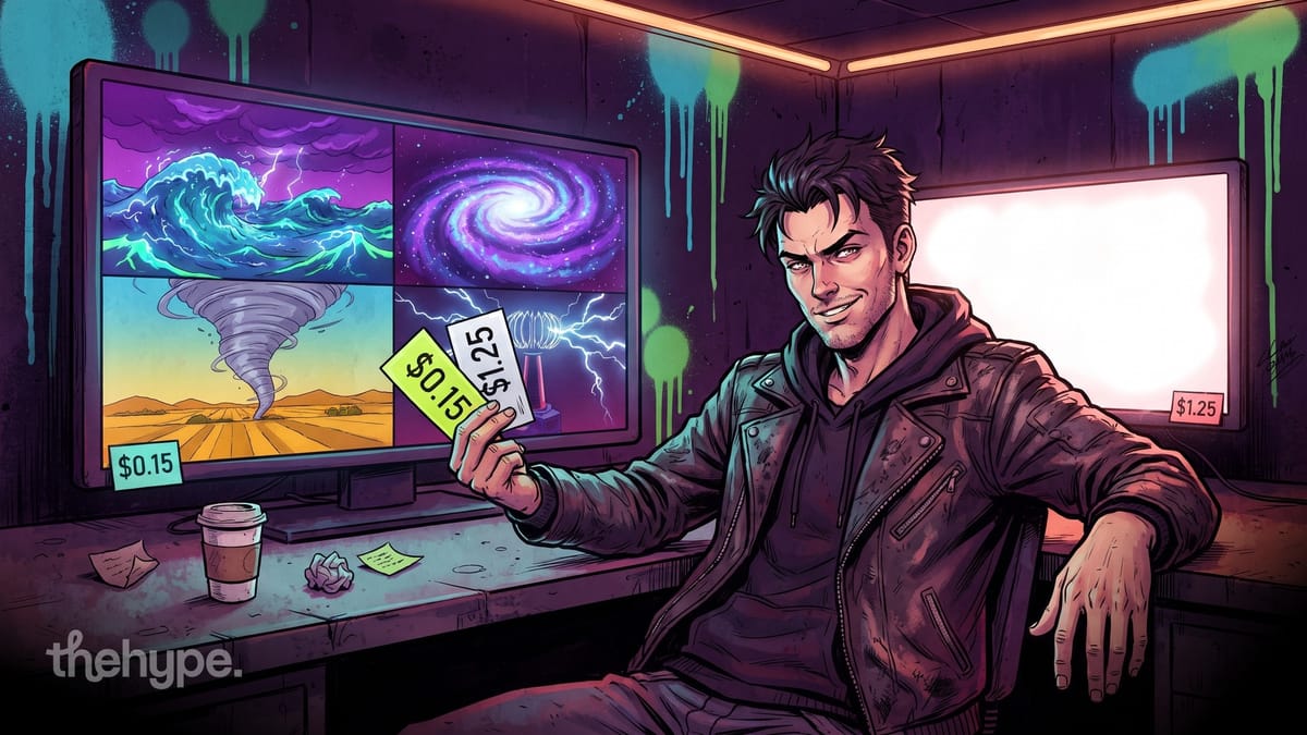 Man holds $0.15 and $1.25 tags beside a monitor showing a storm, galaxy, tornado and Tesla coil – DeepSeek vs Gemini test