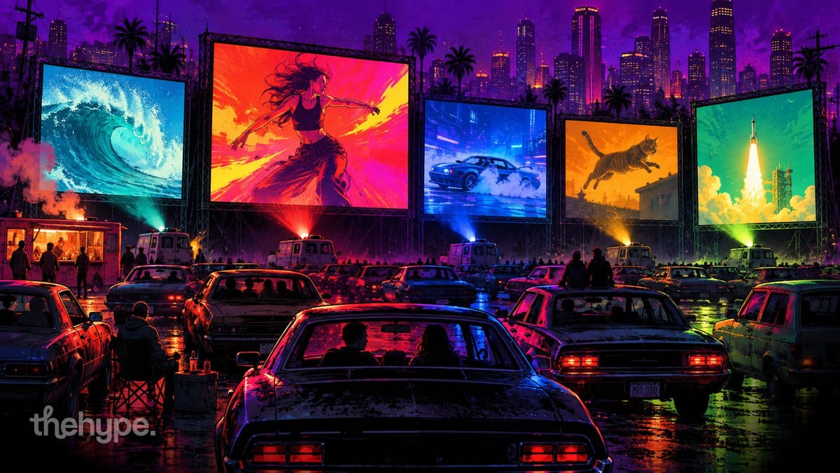 Free AI video generator: a drive-in cinema where five screens play different clips at night