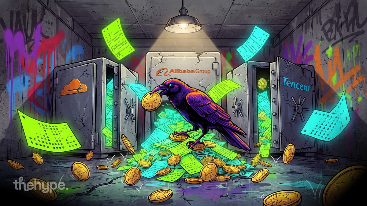 Illustrated raven stealing star coins from vault safes labeled Cloudflare, Alibaba, and Tencent in a graffiti-covered room.