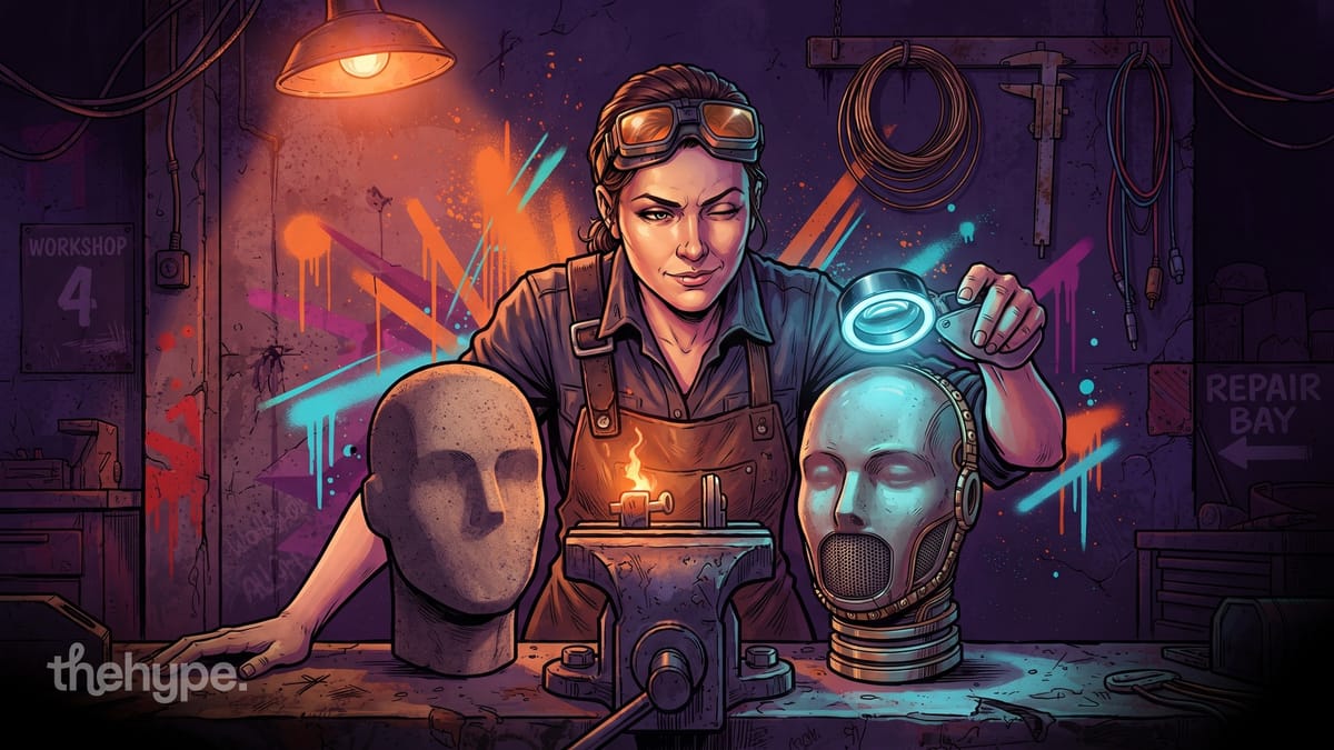 Mechanic in goggles holds a glowing magnifier over a meshed robot head beside a plain stone one: gpt-image-2.5 vs 2 detail