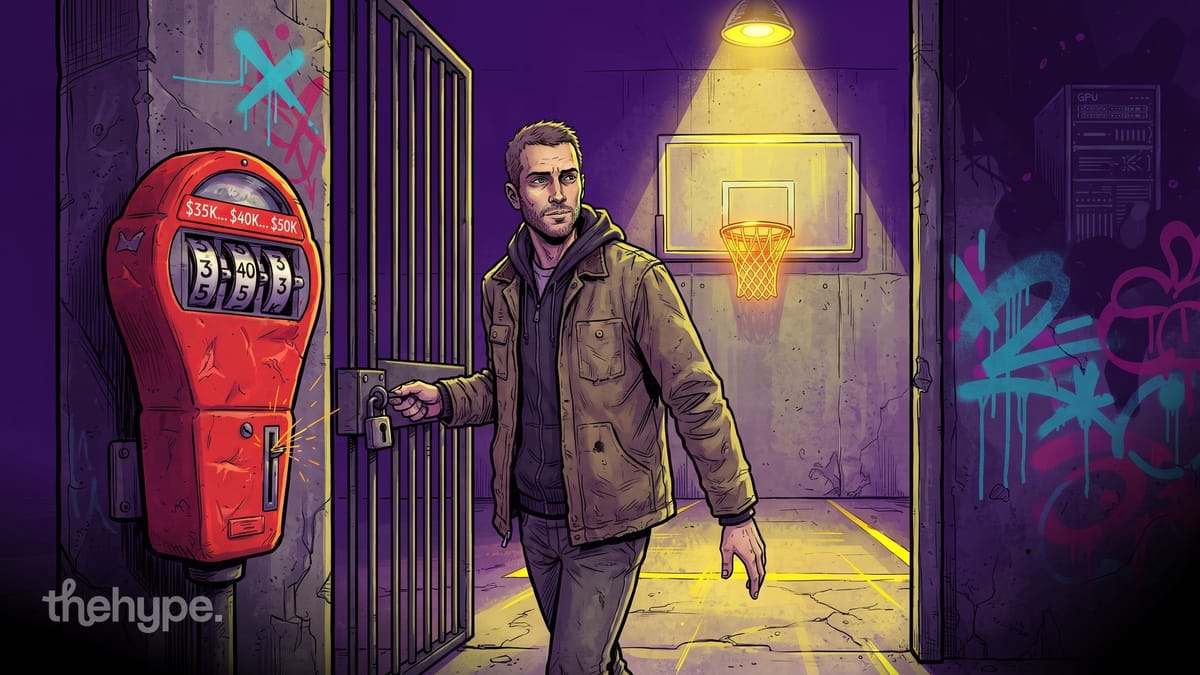Man opens a barred gate onto a lit basketball court; red meter reads $35K, $40K, $50K, GPU rack on the wall.