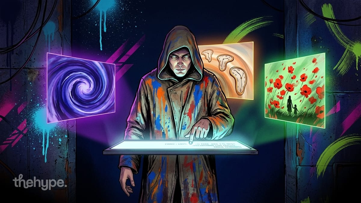 Hooded coder at a glowing panel with neon canvases: a swirl, melting clocks, red poppies — the three paintings recreated
