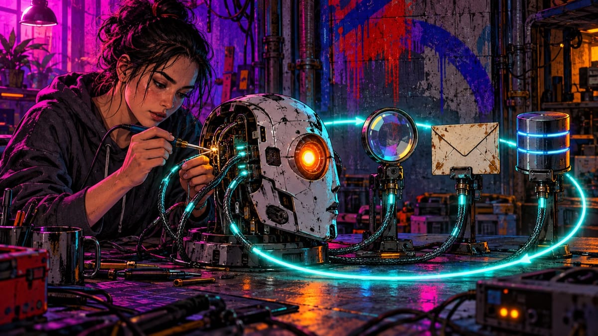 An engineer solders cables from an open robot head to a magnifying glass, an envelope and a database drum, joined by a glowing loop