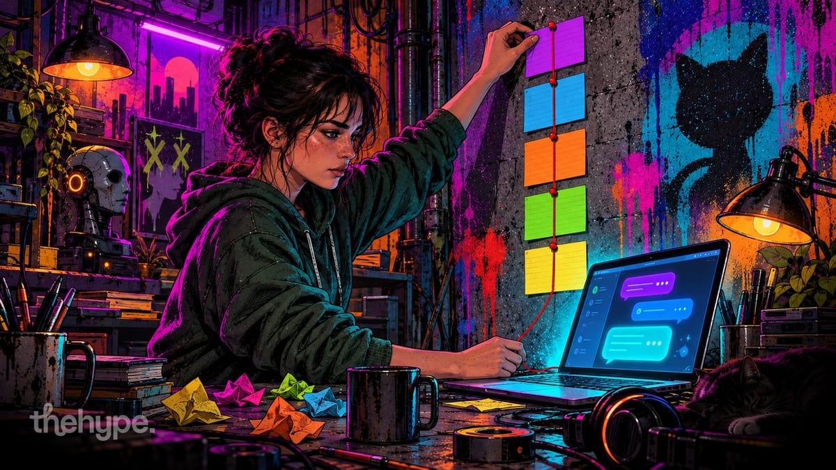 A young woman in a dark-green hoodie pins five coloured index cards in a column on a concrete wall, joined by a red string to a glowing laptop, with crumpled sticky notes on the workbench