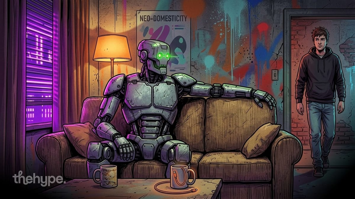 Illustration of a humanoid robot on a living room couch as a man walks in, for a story on robot companions at home
