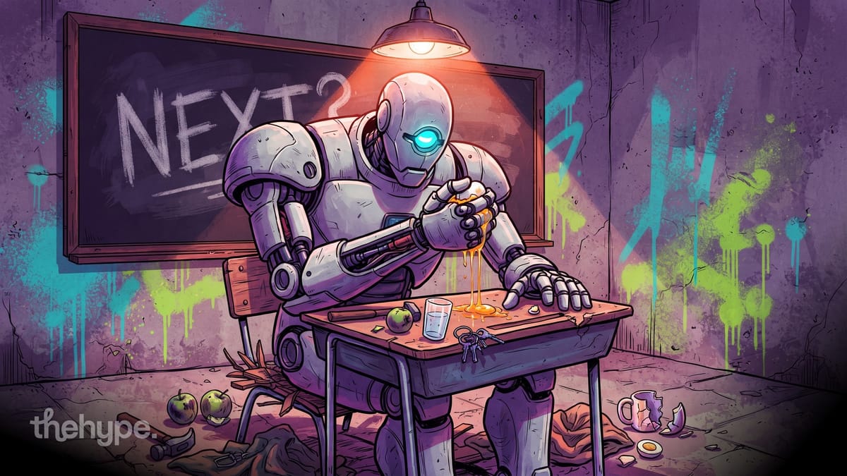 Humanoid robot at a school desk crushing an egg, chalkboard reads NEXT? – embodied AI learning the physical world