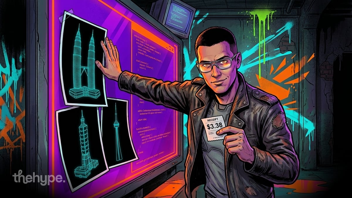 Man holds a $3.38 receipt near wireframe skyscraper prints and a code-filled monitor, illustrating an ai coding benchmark.